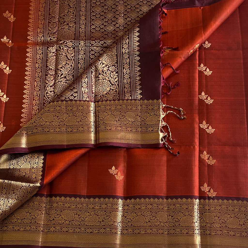 Crimson Plum Woven Brocade Saree Antique Gold Zari Border Traditional