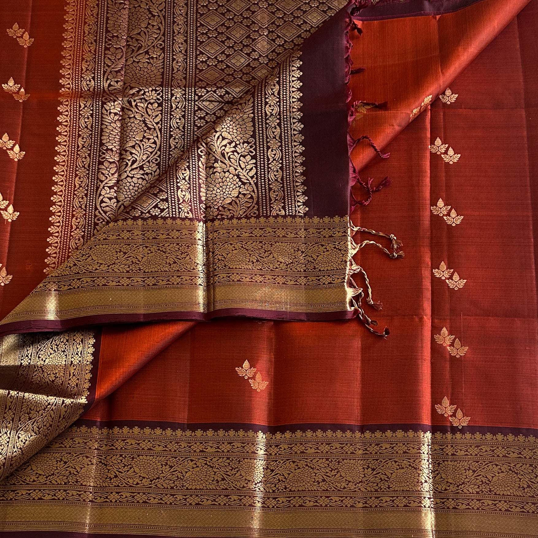 Crimson Plum Woven Brocade Saree Antique Gold Zari Border Traditional