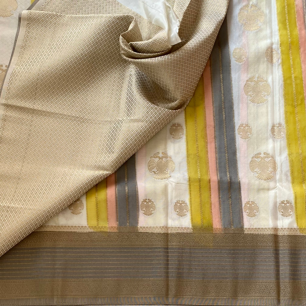 Gandaberunda Designer Soft Crepe Silk With Pearl Beige Lemon Yellow