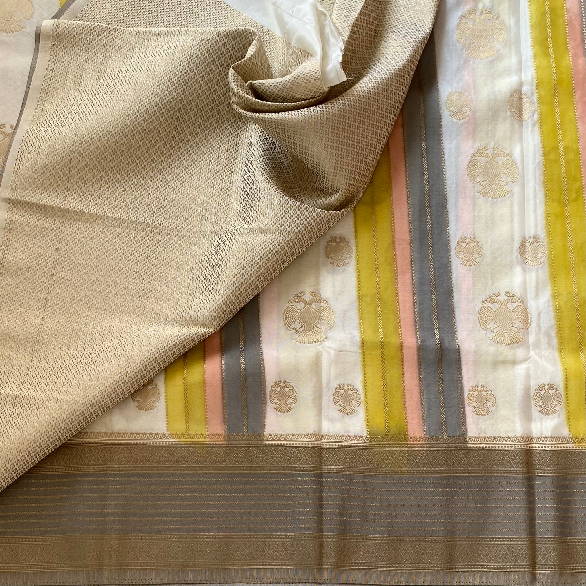 Gandaberunda Designer Soft Crepe Silk With Pearl Beige Lemon Yellow