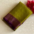 Lime Green Banarasi Soft Crepe Silk Saree With Royal Purple Pallu