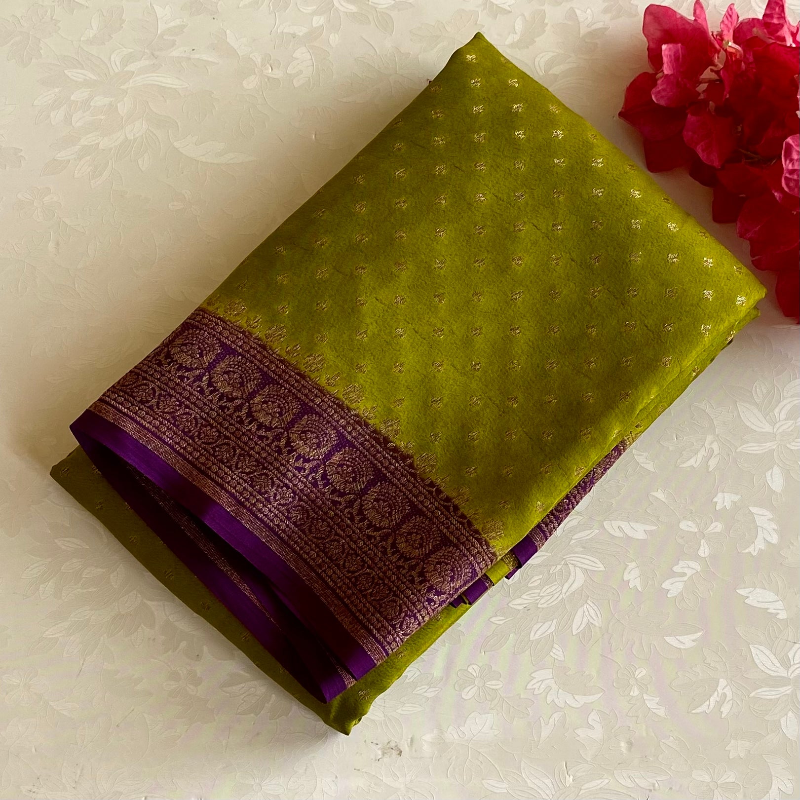 Lime Green Banarasi Soft Crepe Silk Saree With Royal Purple Pallu