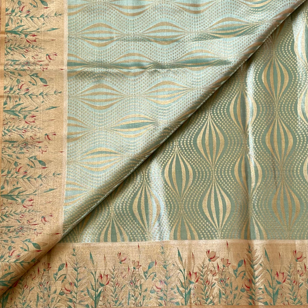 Peach Pink Brocade Saree with Mint Teal Pallu and Zari