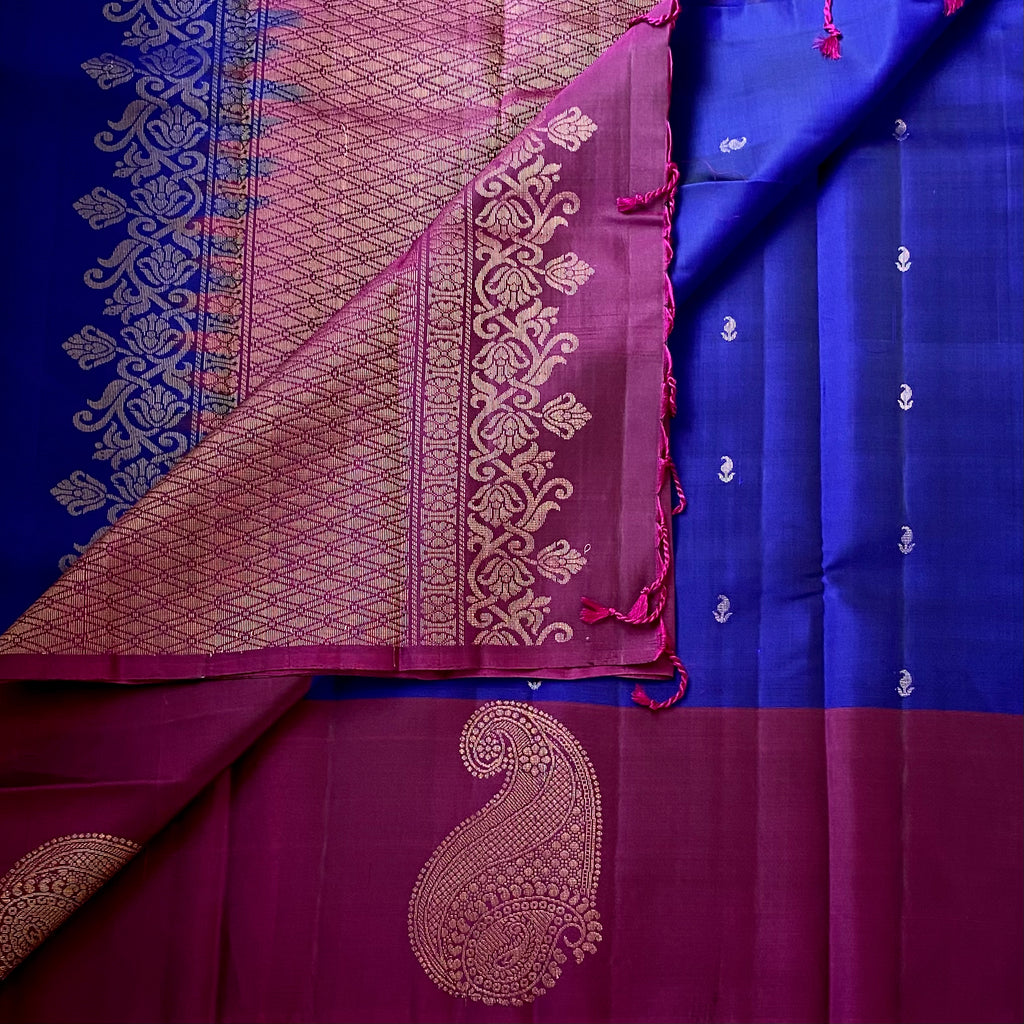 Deep Blue Magenta Silk Saree Gold Brocade Paisley Pallu Wedding