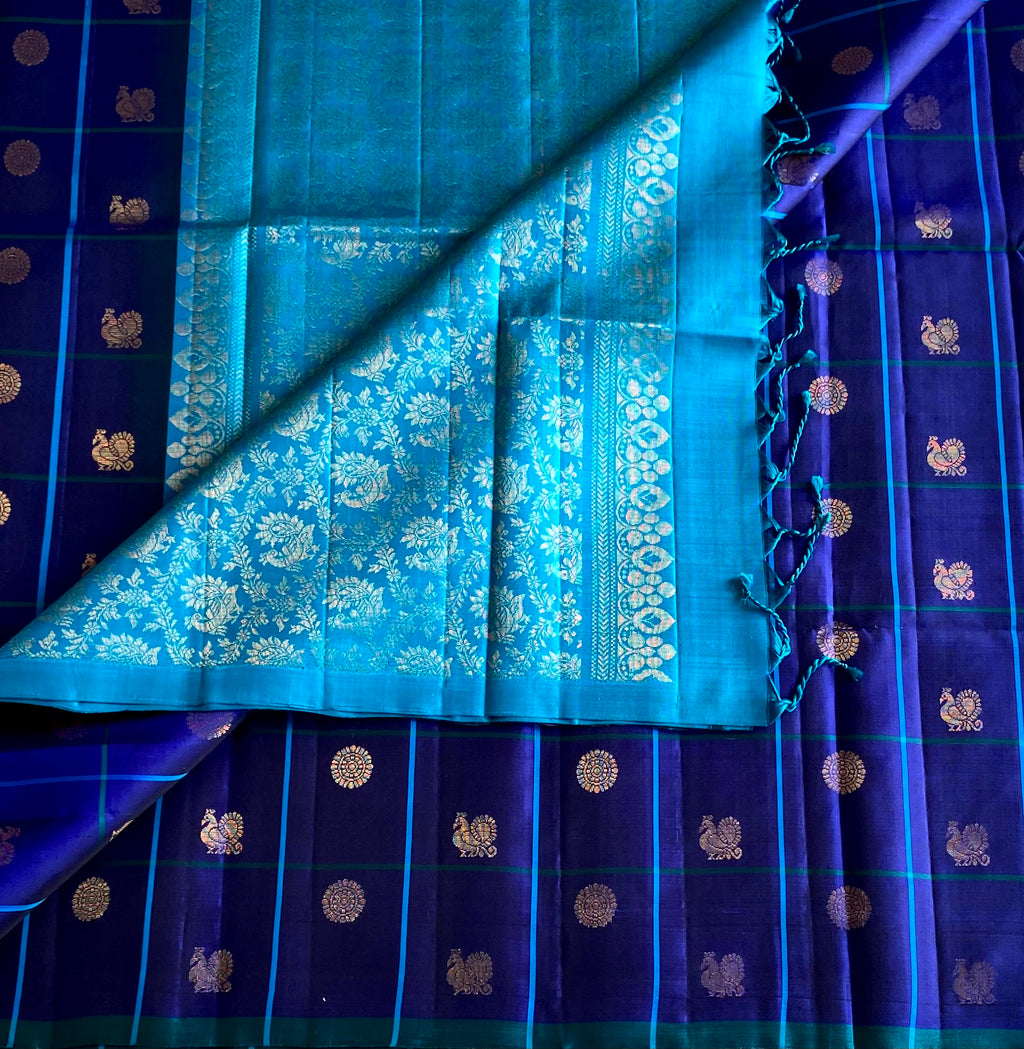 Mesmerising Royal blue with Turquoise Checkered Designer Lightweight Pure Silk