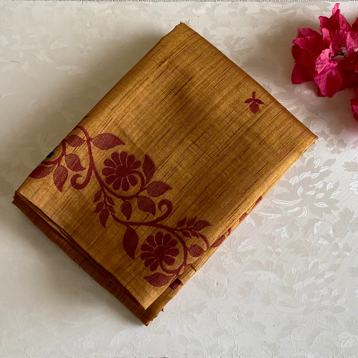 Mustard Earthy Soft Tussar Silk Saree With Rust Maroon Border