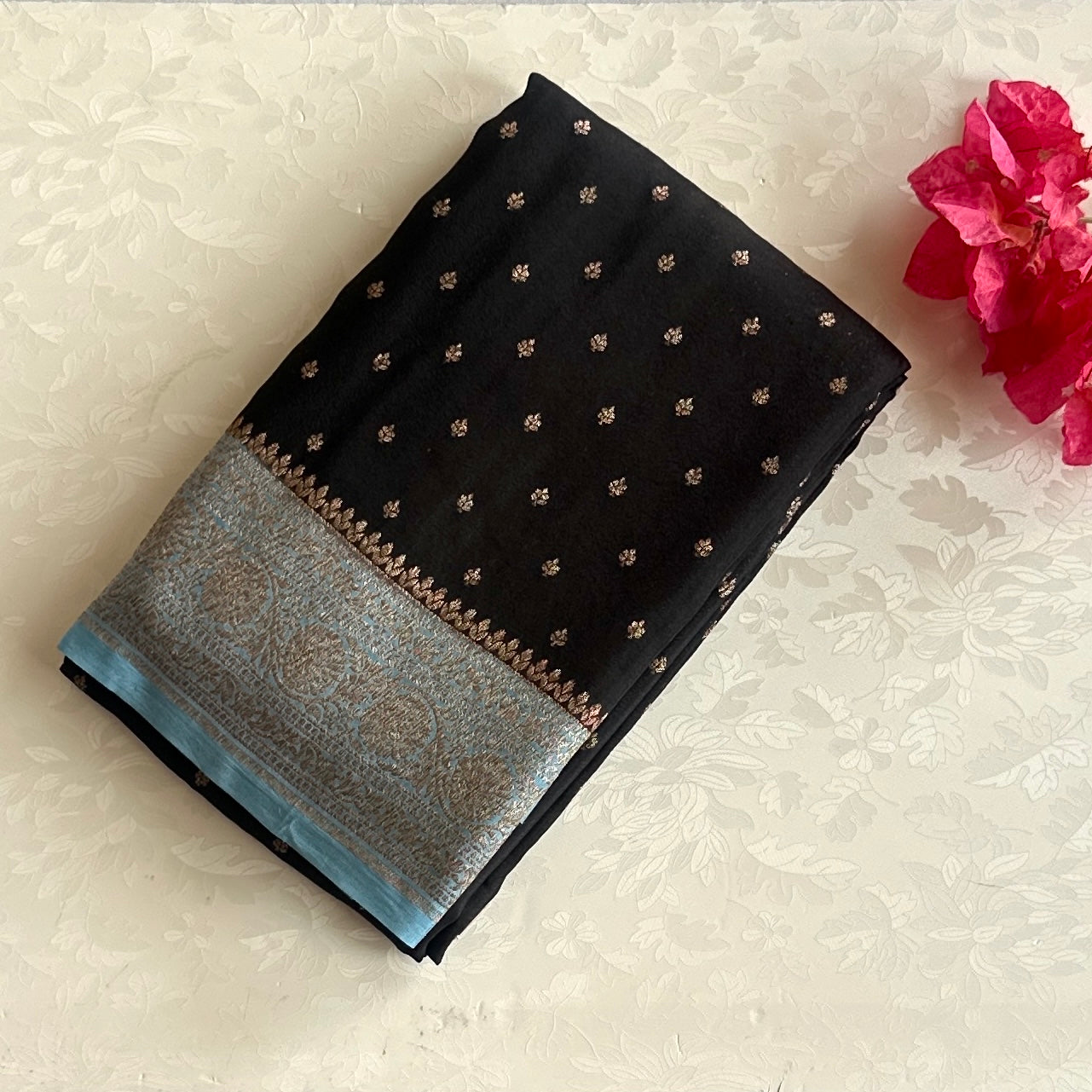 Elegant Jet Black Aqua Blue Brocade Saree Gold Buti Work