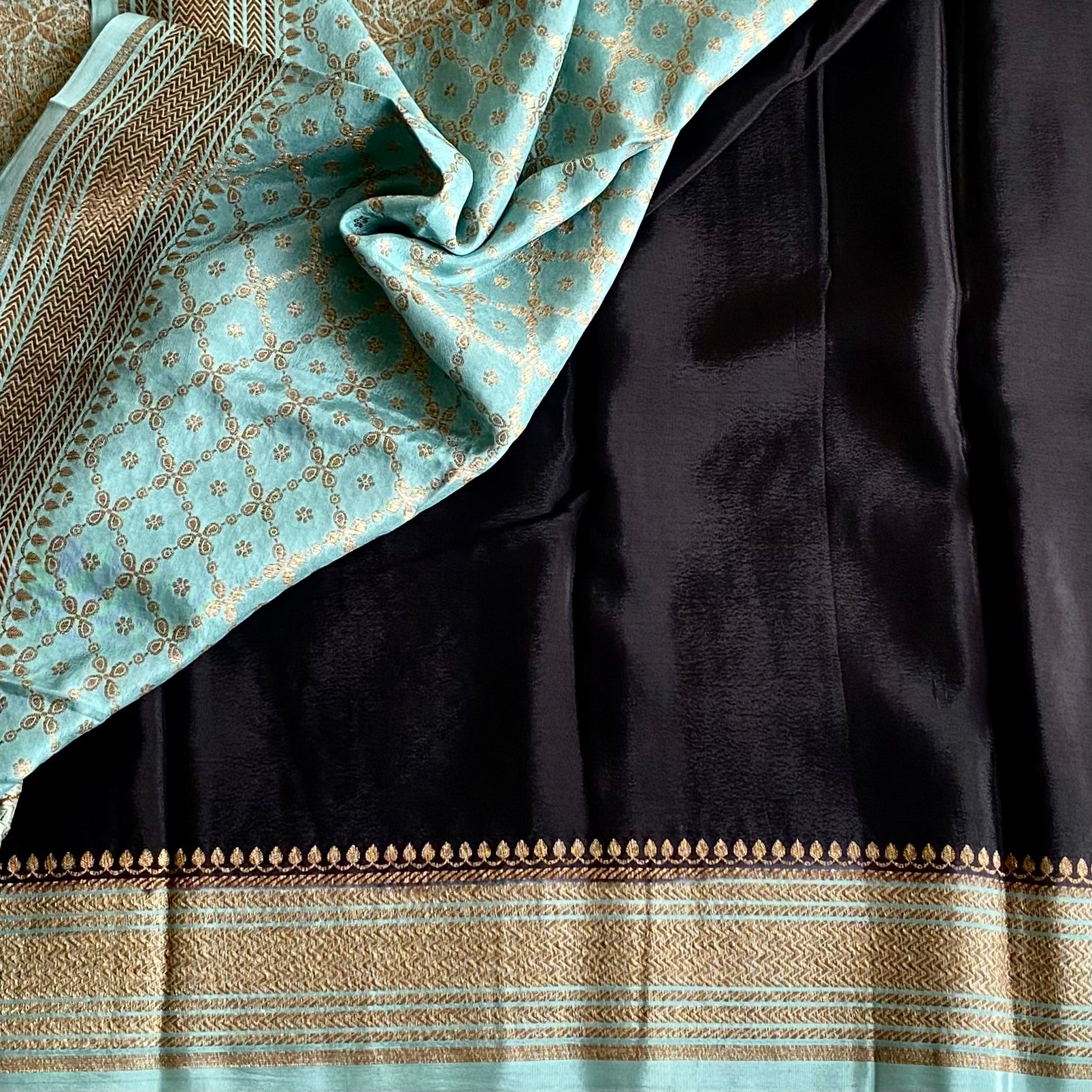 Jet Black Banarasi Crepe Silk Saree Aqua Mint Pallu Gold Border