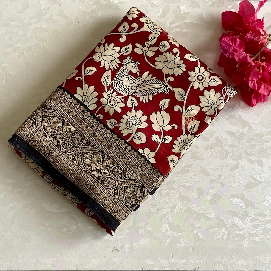 Soft Tussar Silk Crimson Red Saree With Antique Gold Brocade Border