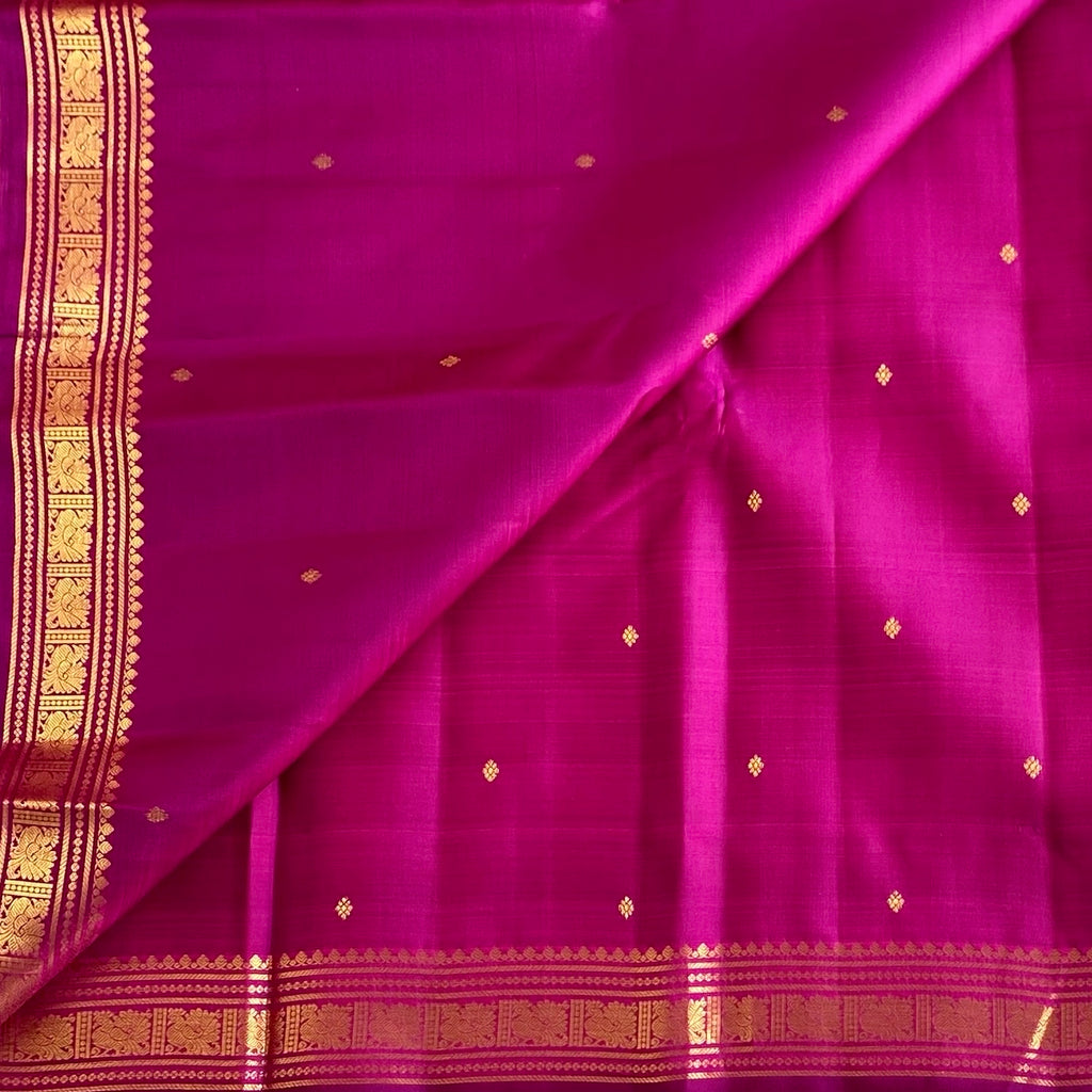 Kanjeevaram Pure Zari Silk Fuchsia Saree With Antique Gold Border