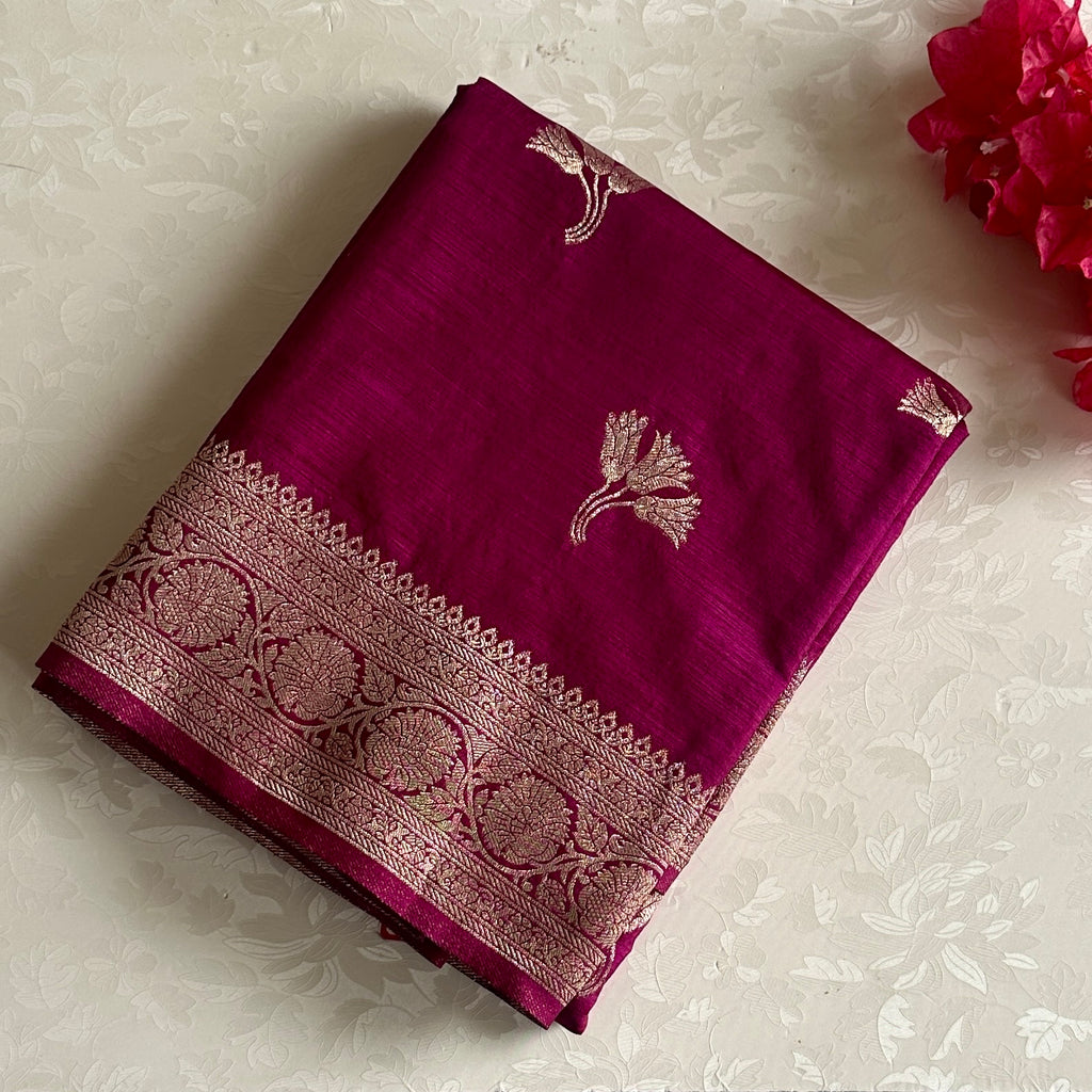Magenta Pink Soft Tussar Silk Saree With Antique Gold Border