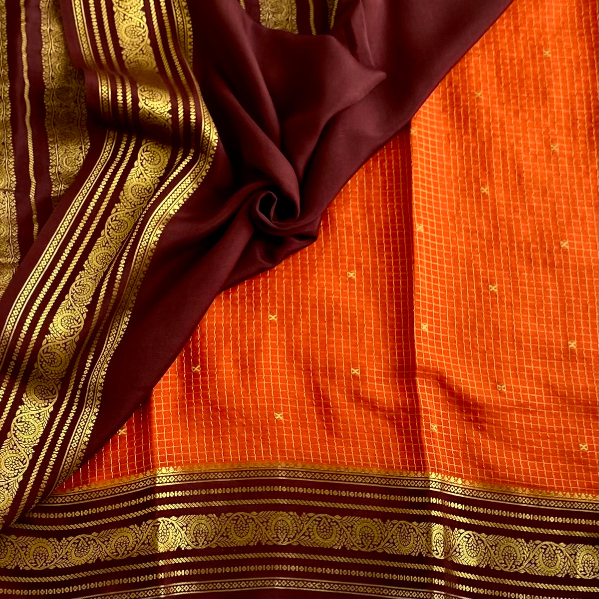 Mysore Crepe Classic Rust Orange With Deep Chocolate Pallu