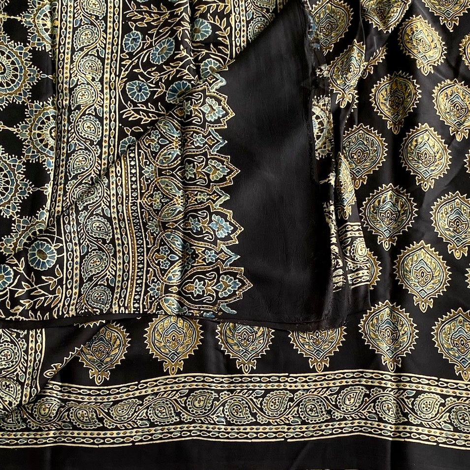 Jet Black Ajrakh Handblock Designer Pure Silk Saree With Antique Gold Motifs