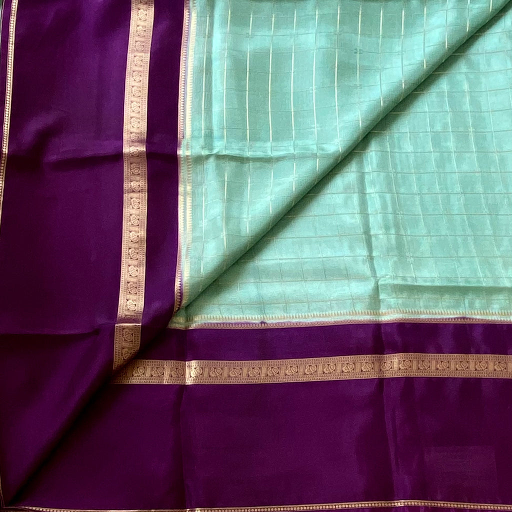 Mint Green soft crepe with deep Purple Gold Checked Pallu