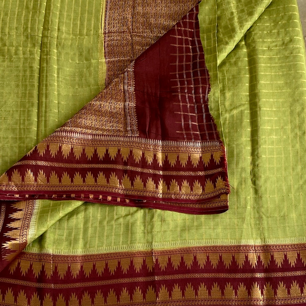 Chartreuse Green Soft Tussar Silk Saree Deep Maroon Pallu Gold Zari
