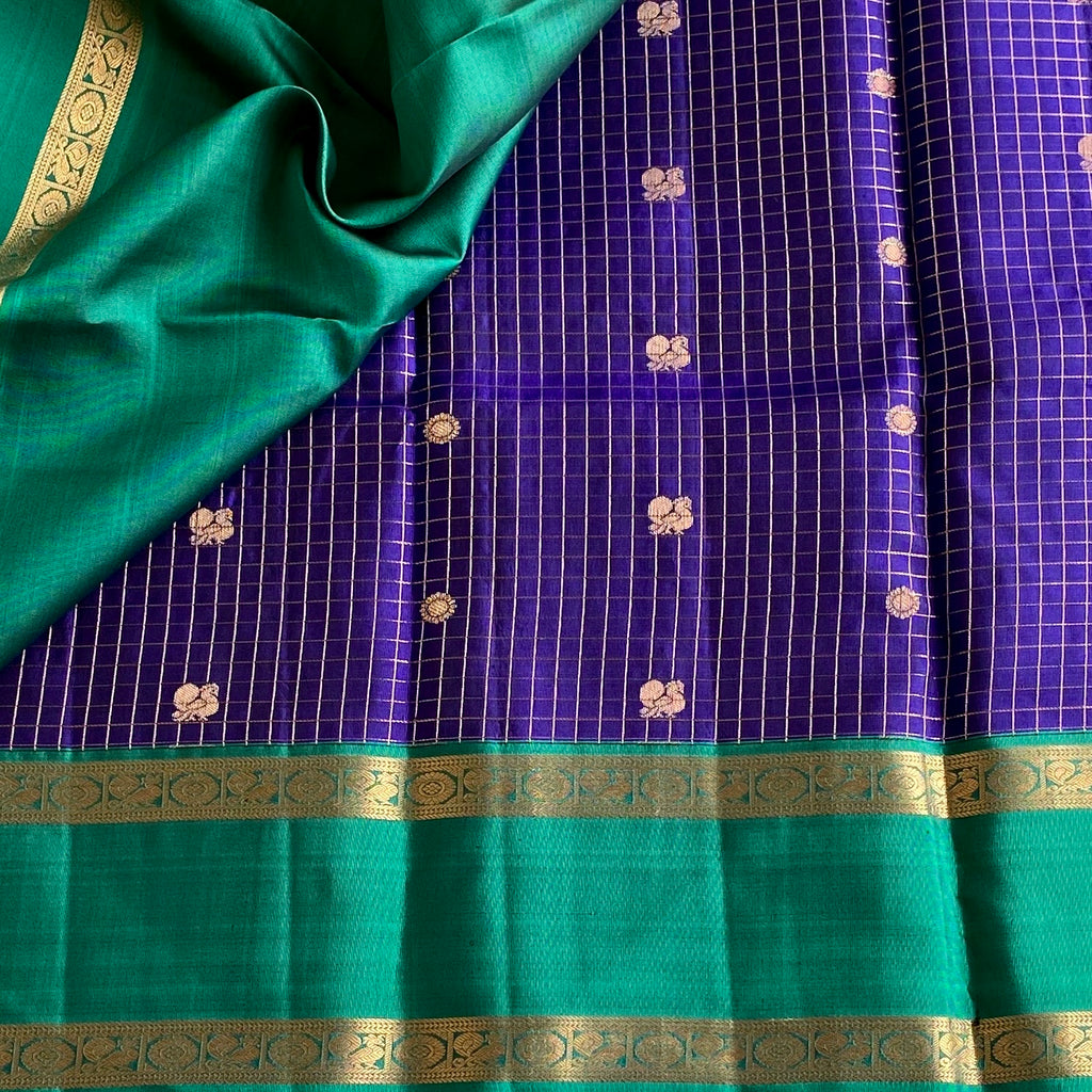 Royal Indigo Blue Checkered Pure Silk With Turquoise Contrast