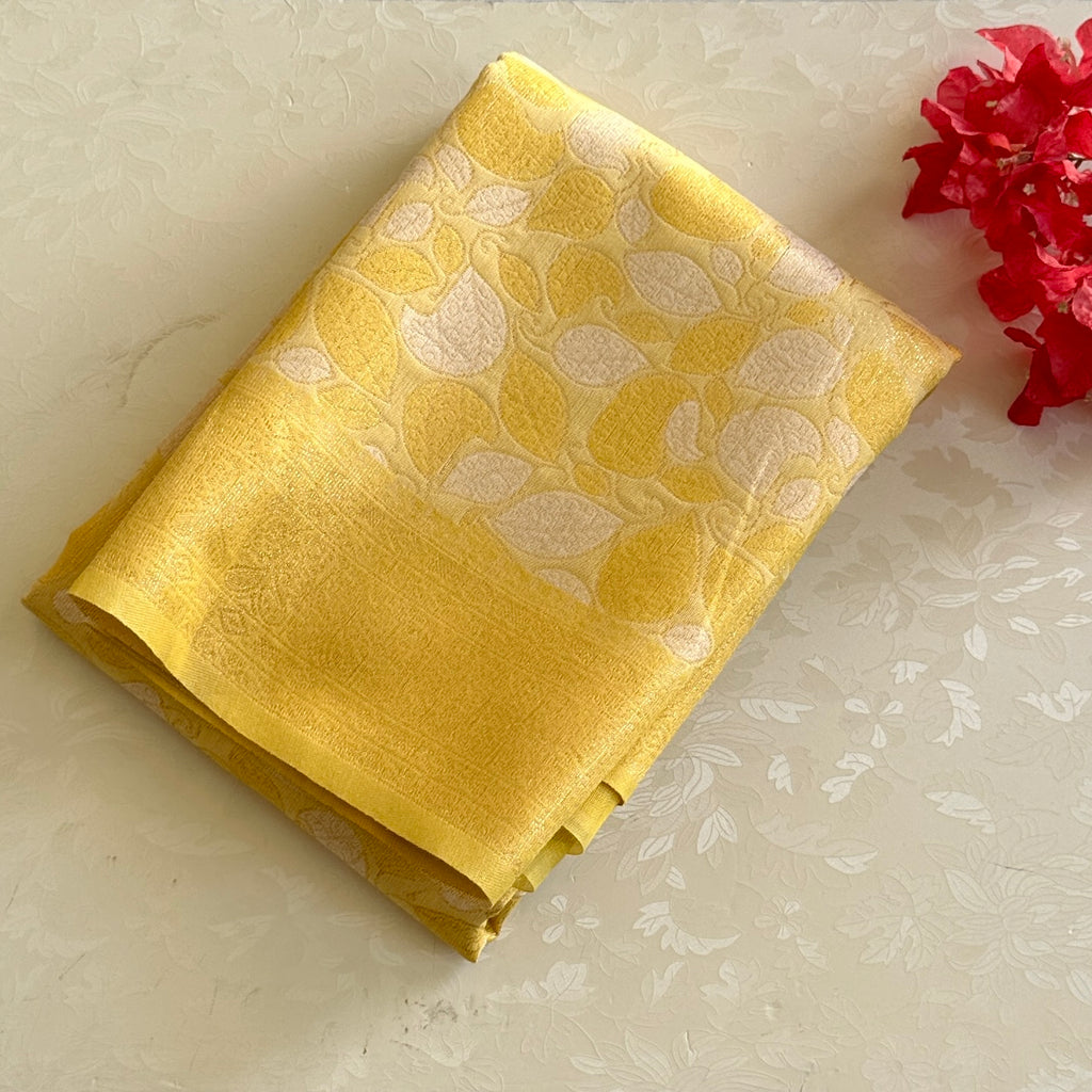 Mustard Yellow Lustrous Leaf Jacquard Saree With Gold Zari Tassels
