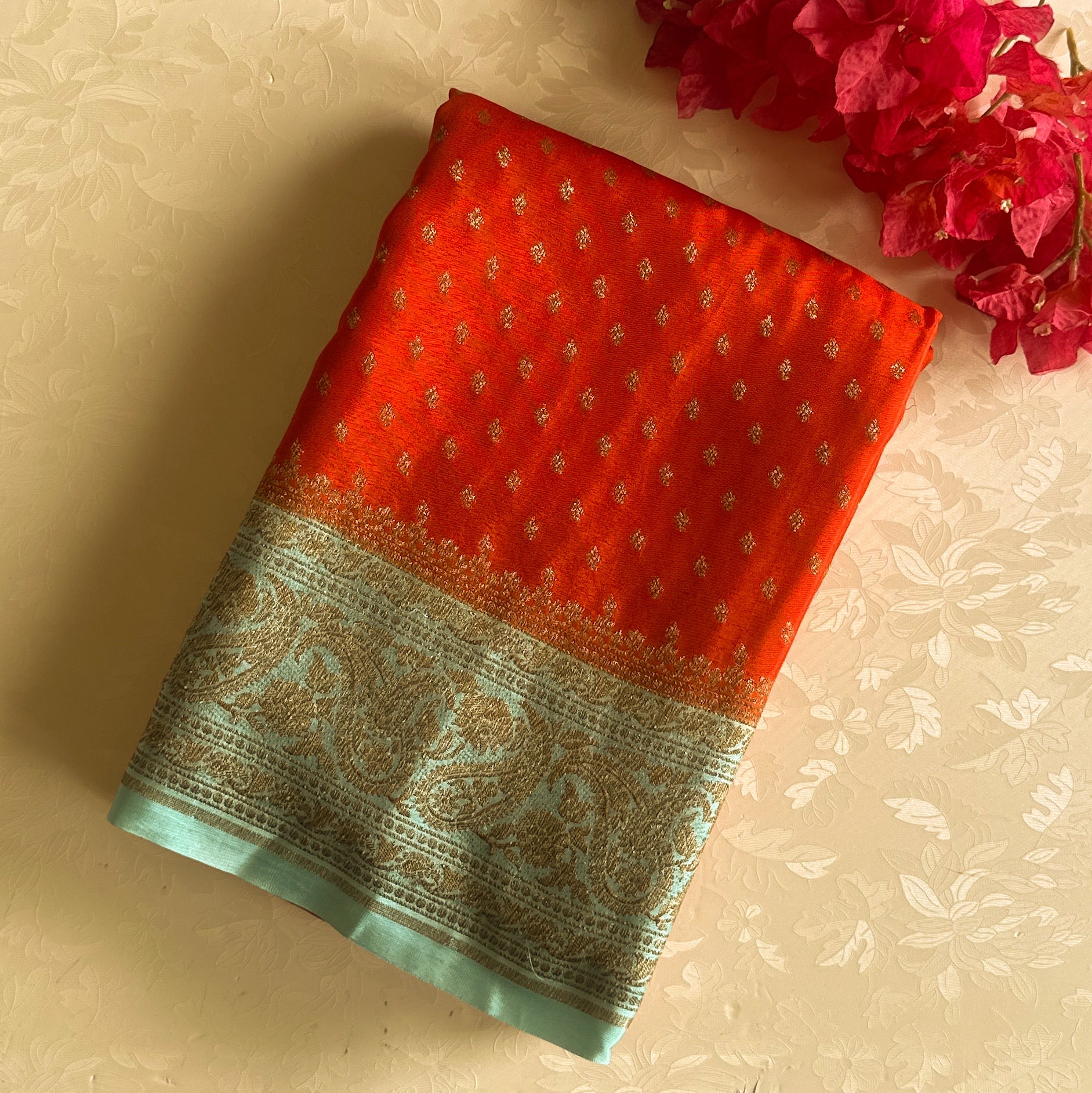 Sunset Orange with aqua blue soft crepe Banarasi with buttas