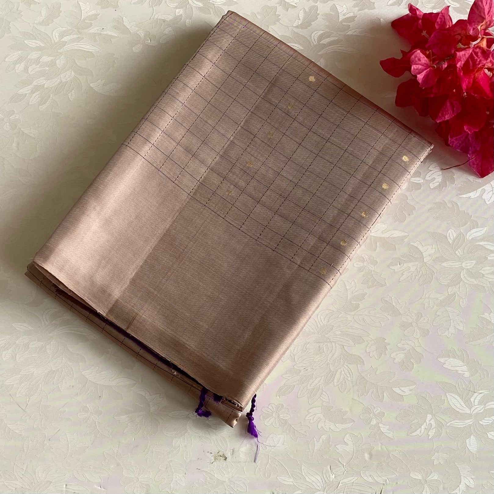 Champagne Beige Designer Pure Silk Saree With Violet Purple Pallu