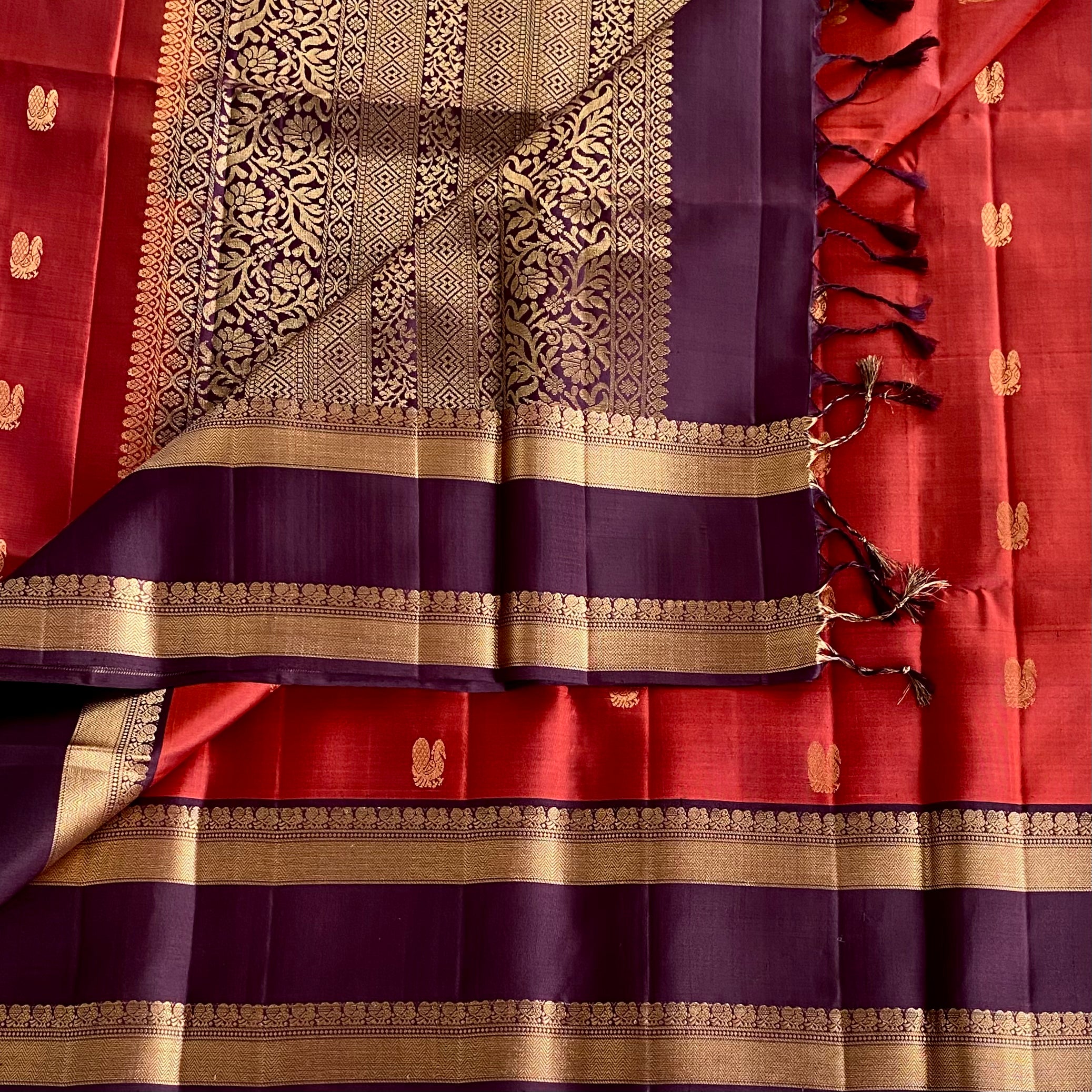 Deep Plum Designer Pure Silk Saree With Ruby Red Pallu