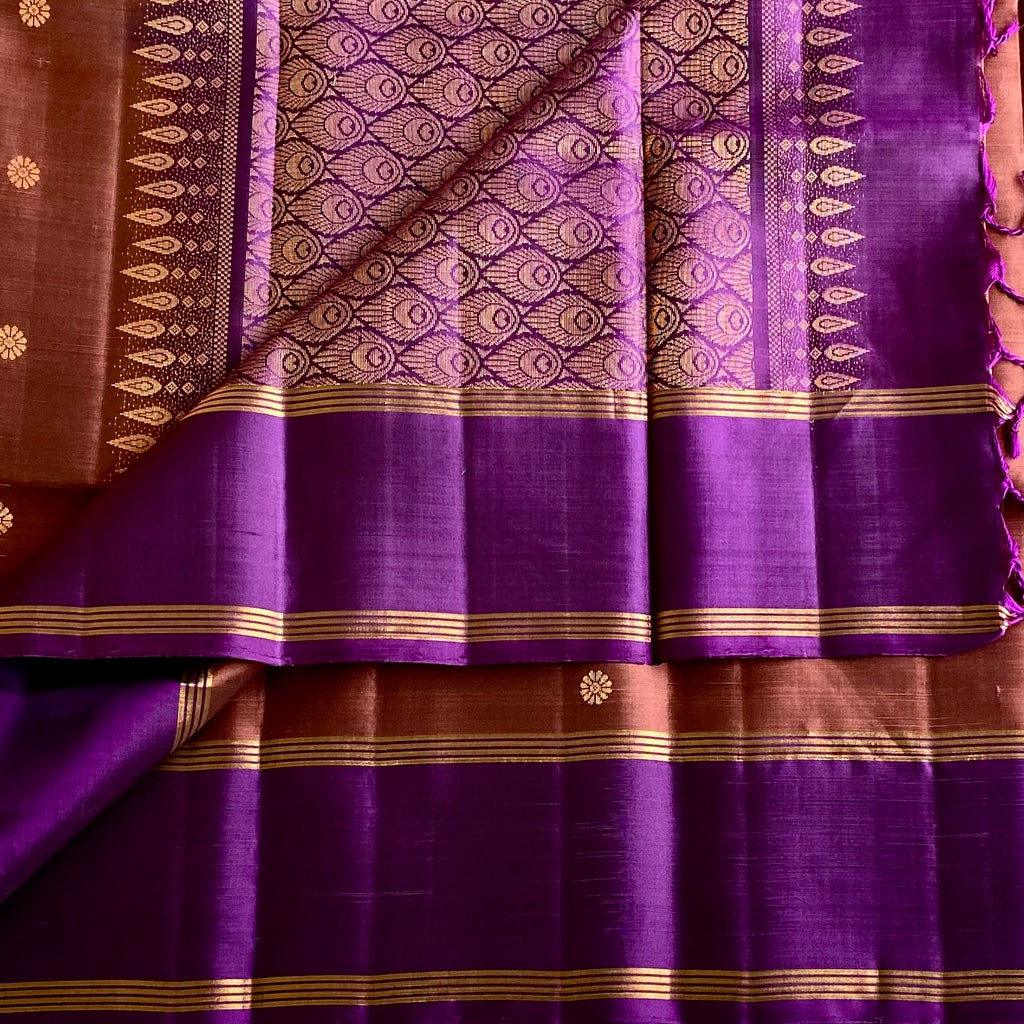 Burnt Copper Designer Pure Silk Saree With Royal Purple Contrast