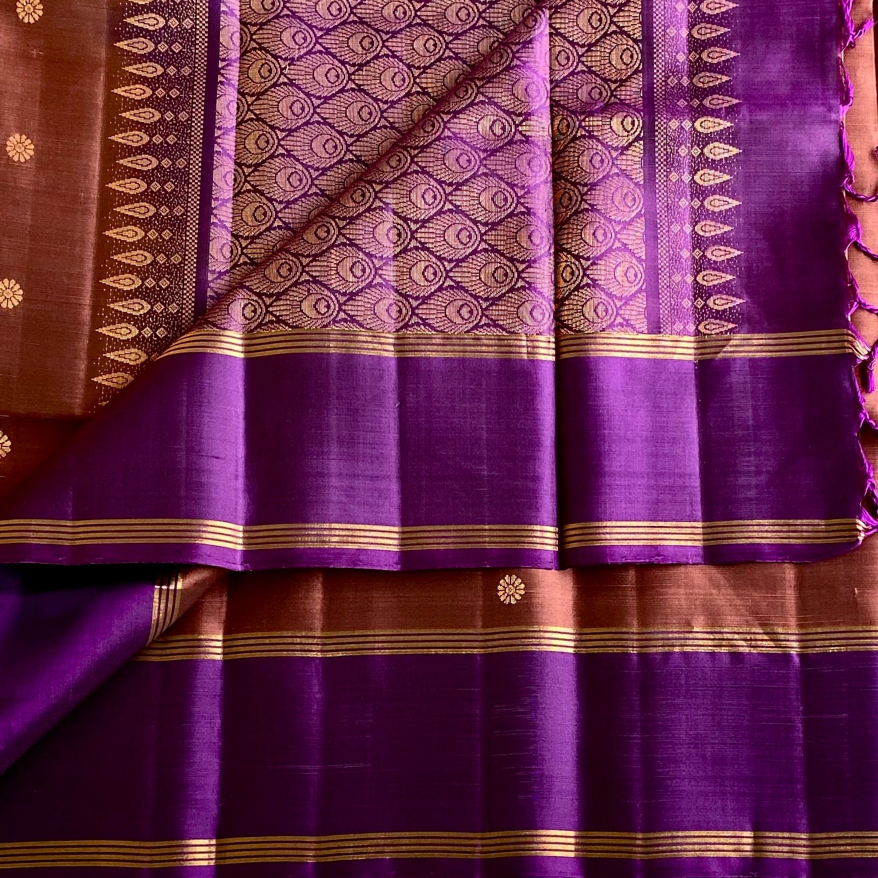 Burnt Copper Designer Pure Silk Saree With Royal Purple Contrast