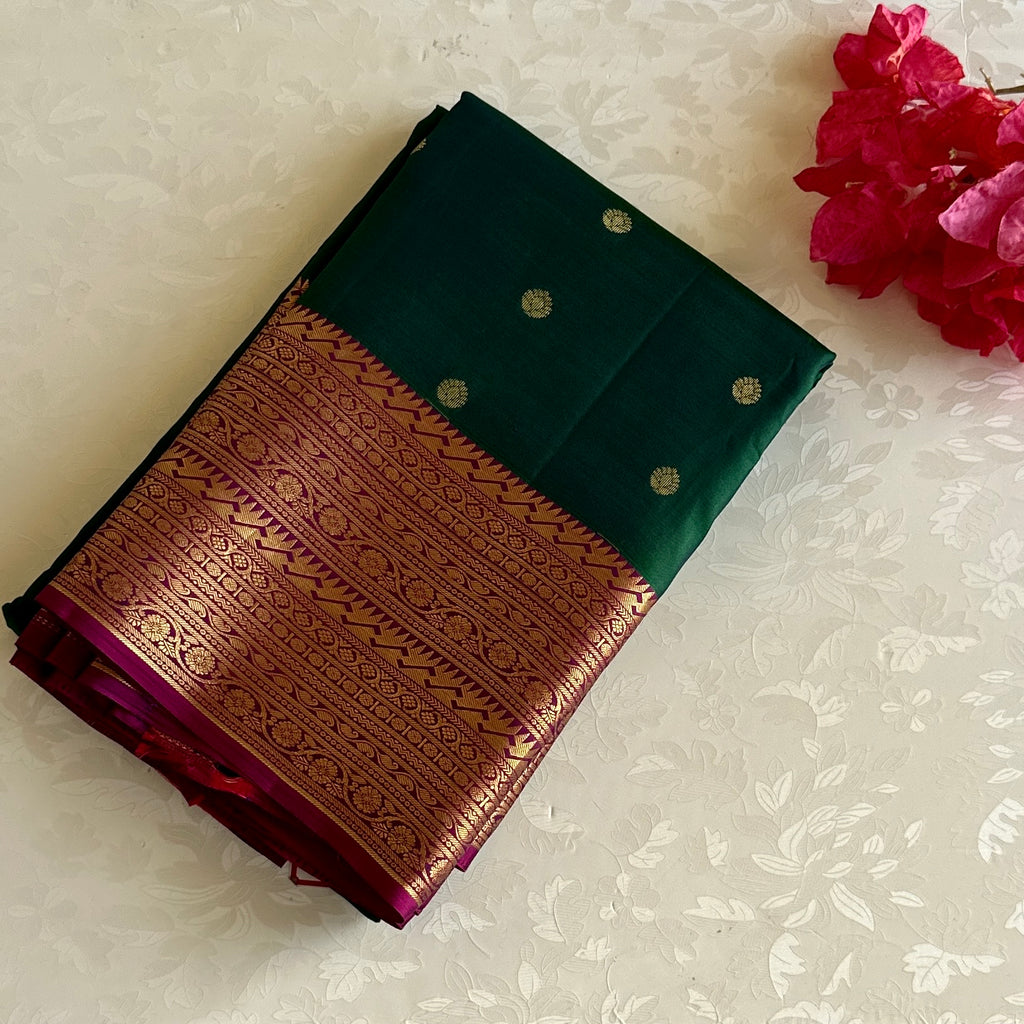 Bottle Green Designer Pure Silk Saree Rani Pink Pallu Gold Border