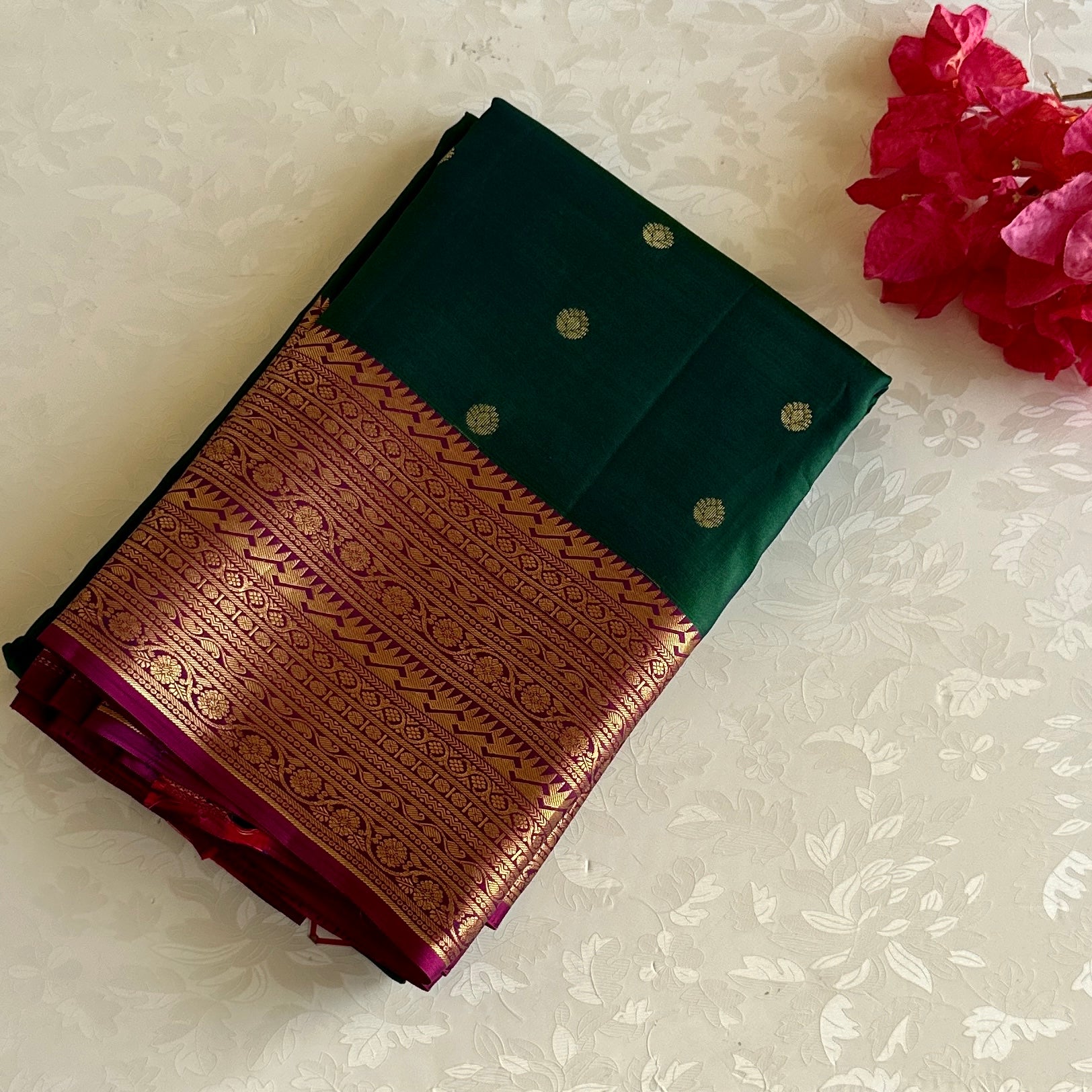 Bottle Green Designer Pure Silk Saree Rani Pink Pallu Gold Border
