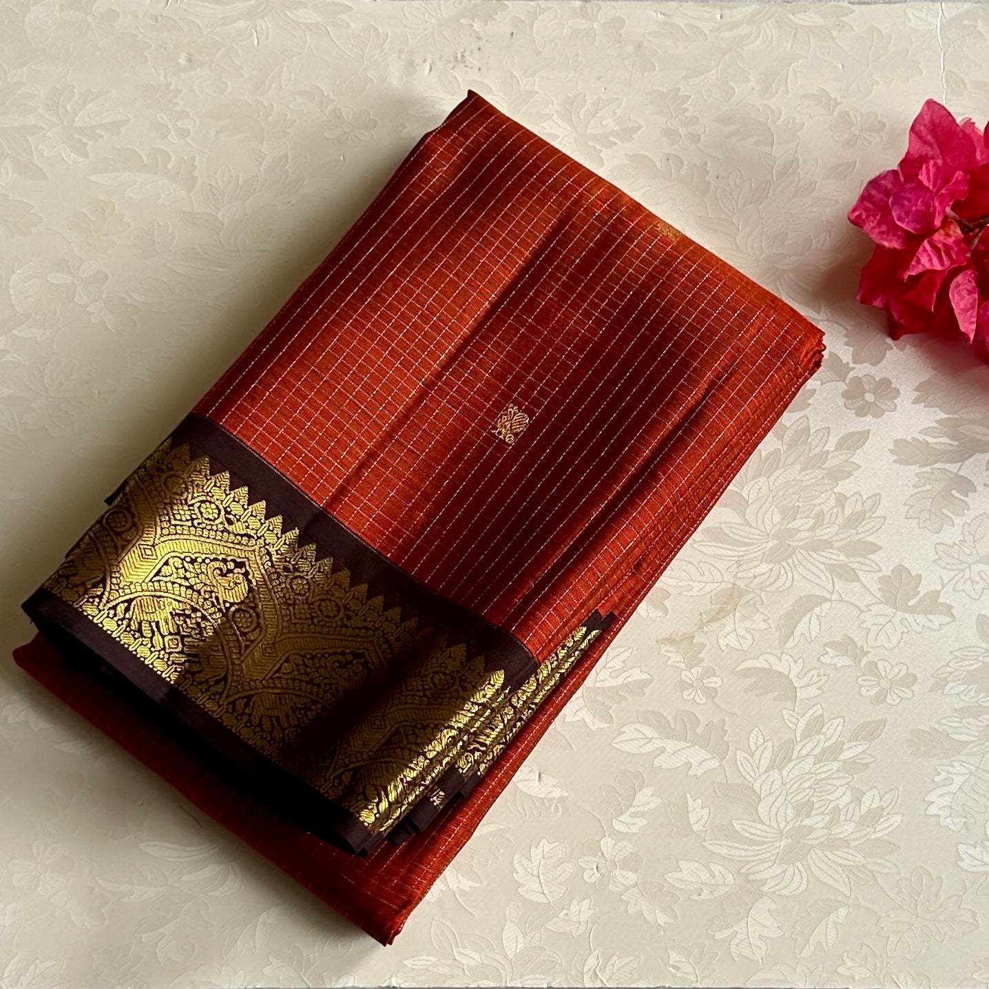 Classic Vintage Rust with Deep Coffee Brown Handwoven Kanjeevaram Silk