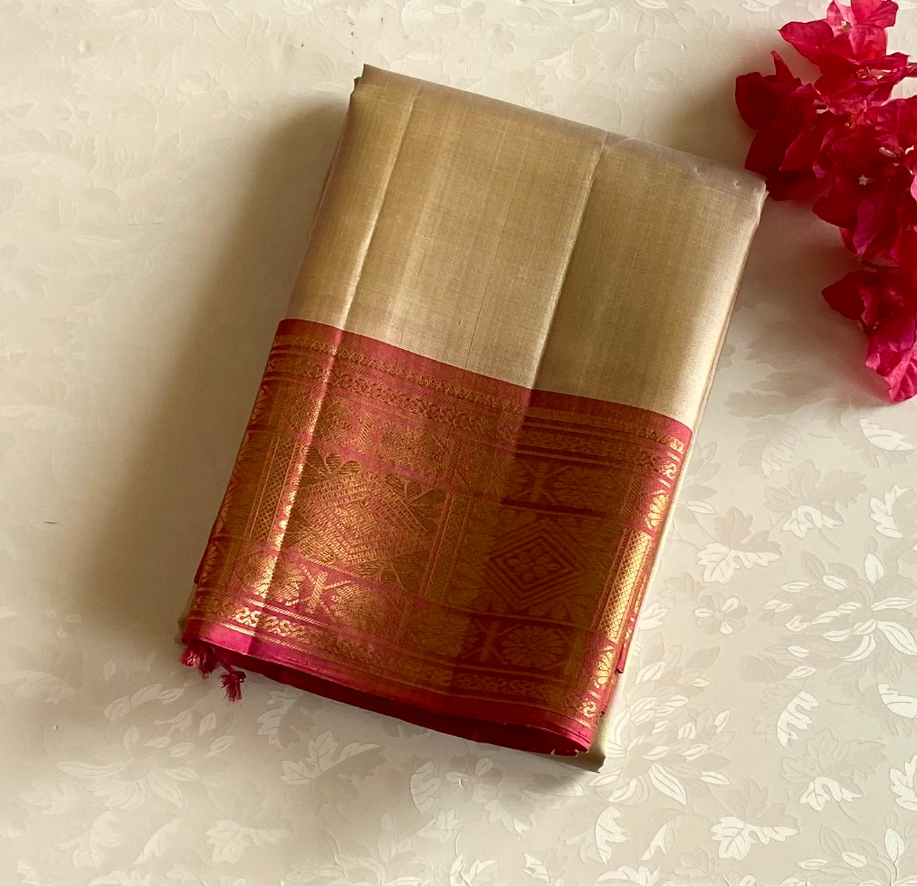 Traditional Ivory Silk Saree with Fuchsia Pallu Gold Brocade Border