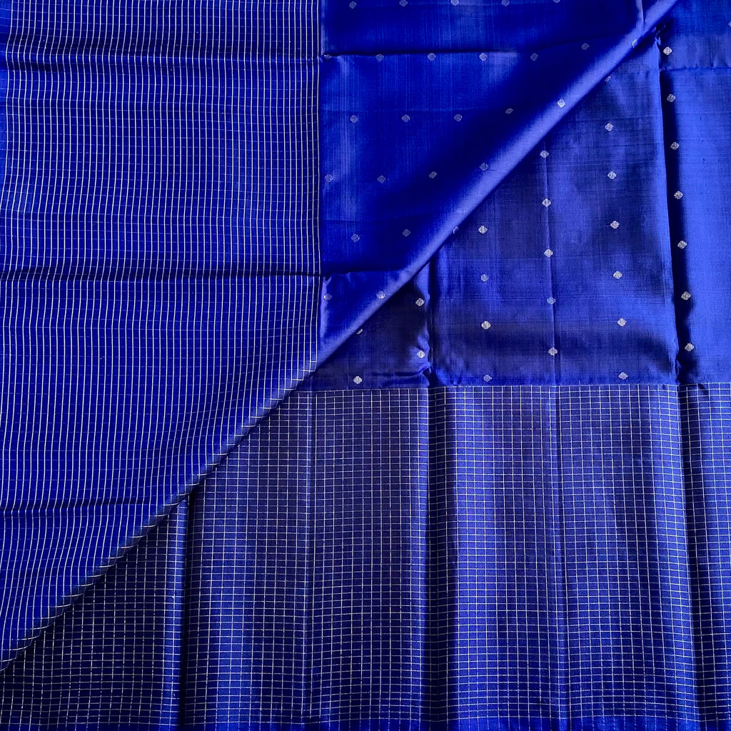 Royal Blue Designer Pure Silk Saree With Silver Floral Border And Tassels