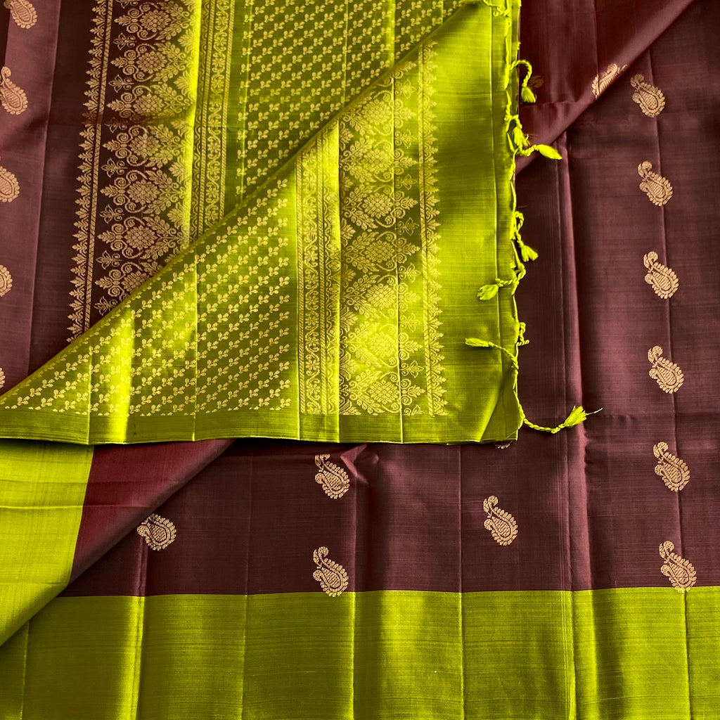 Chocolate Fantasy With Chartreuse Green Designer Pure Silk Saree