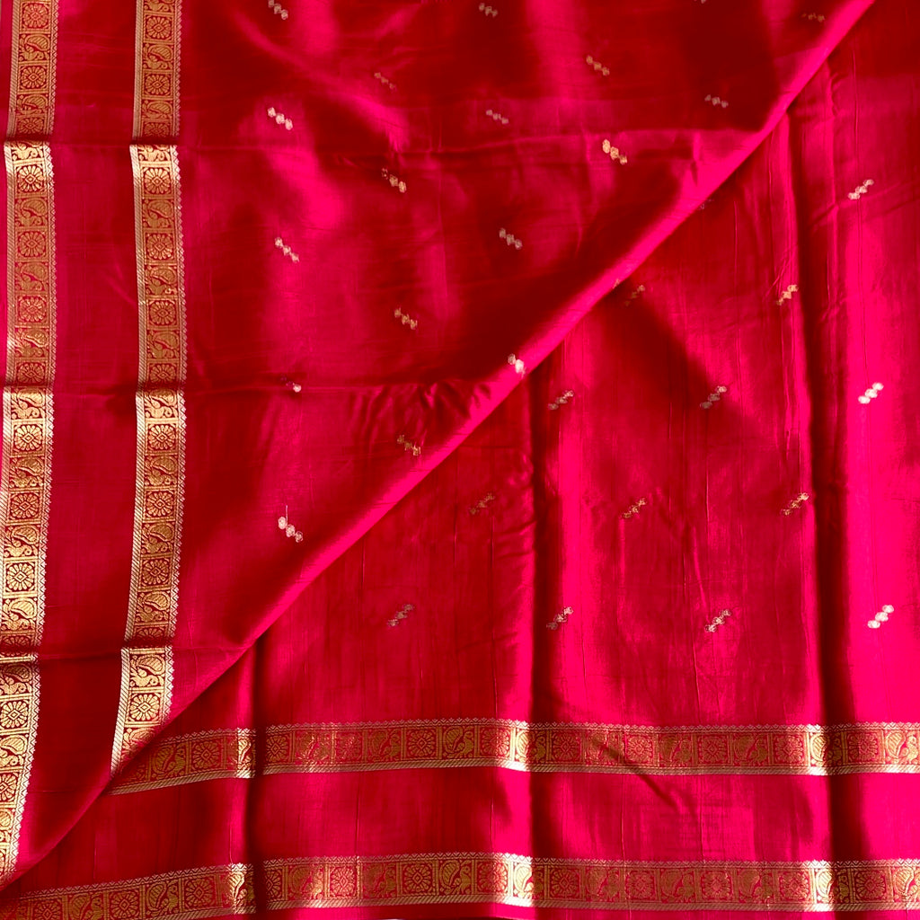 Rani Pink Soft Tussar Silk Saree With Gold Zari Border And Butti