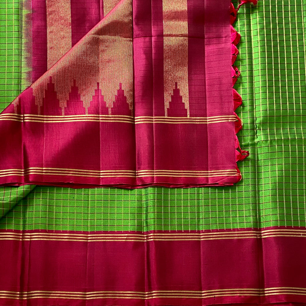 Checkered Traditional Green with Deep Magenta Contrast Designer Pure Silk
