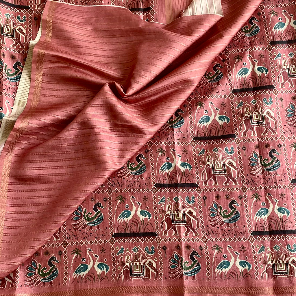 Dusty Rose Soft Tussar Silk Saree With Teal Blue Accents
