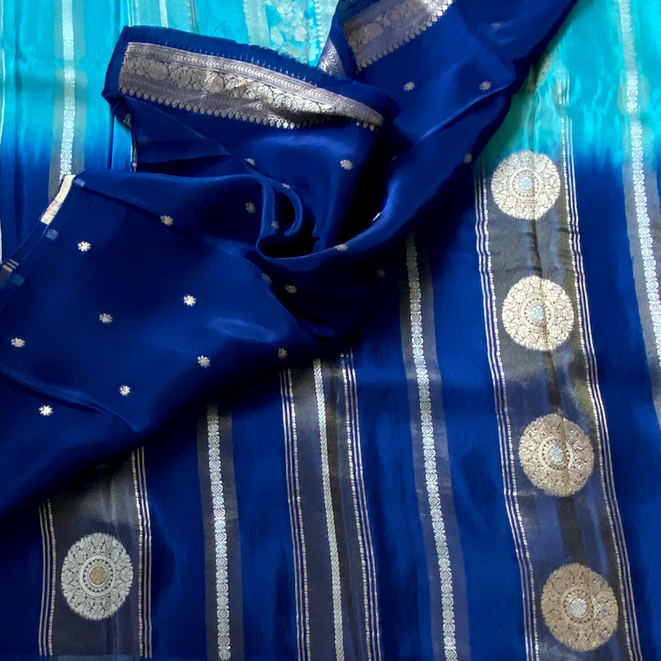 Ombre Sea blue with royal blue  soft satin crepe with zari woven work