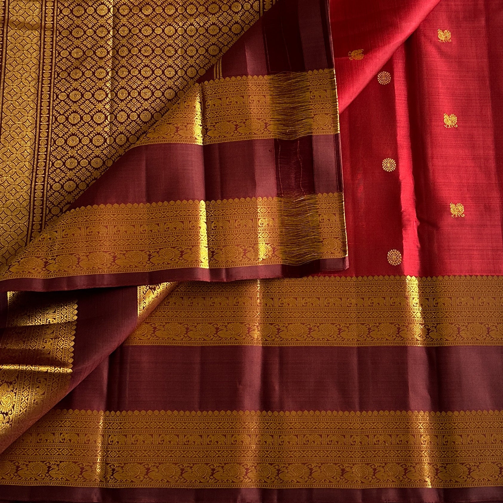 Crimson Maroon Silk Saree With Gold Zari Border Traditional Wedding