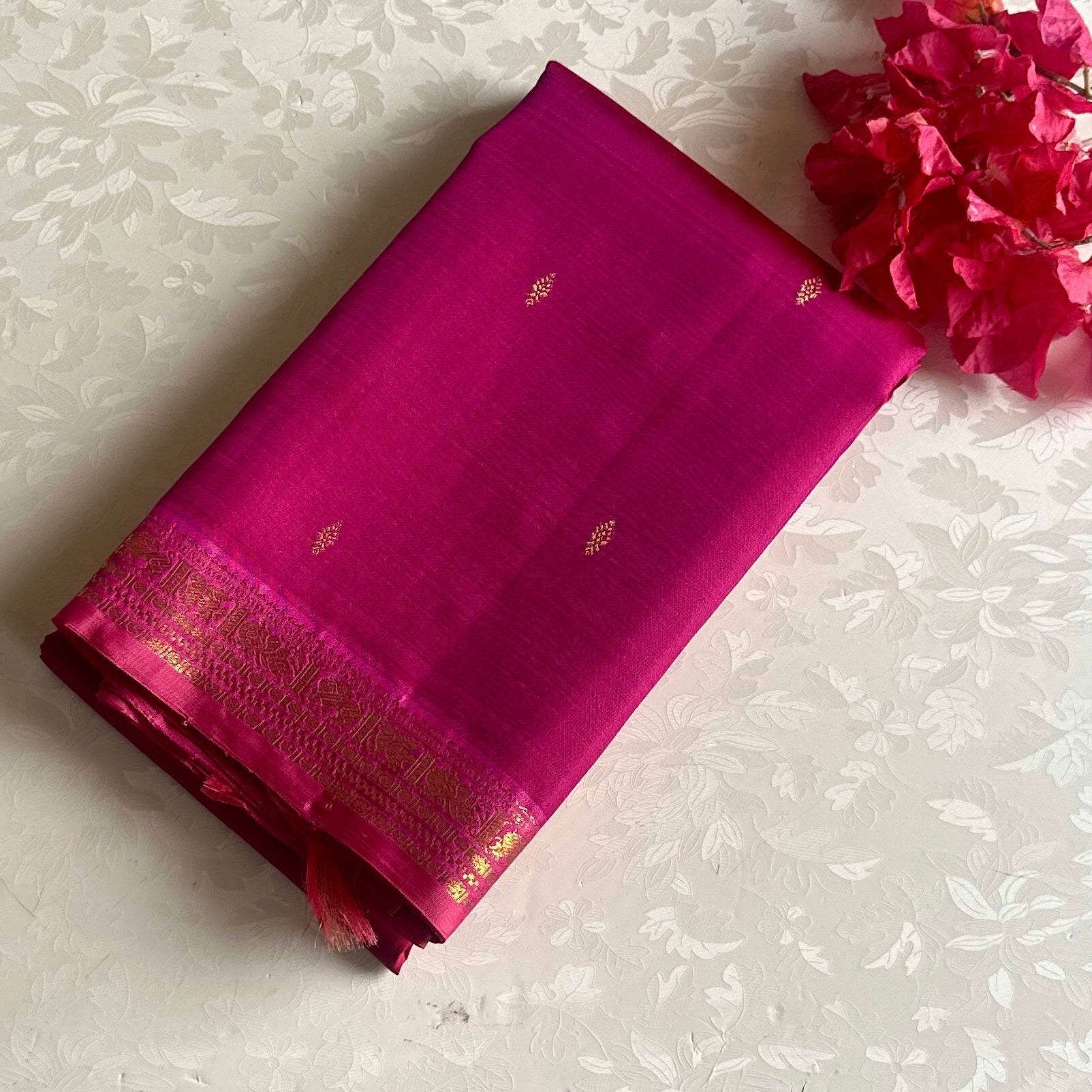 Rani Pink Kanjeevaram Pure Zari Silk With Rose Pink Contrast
