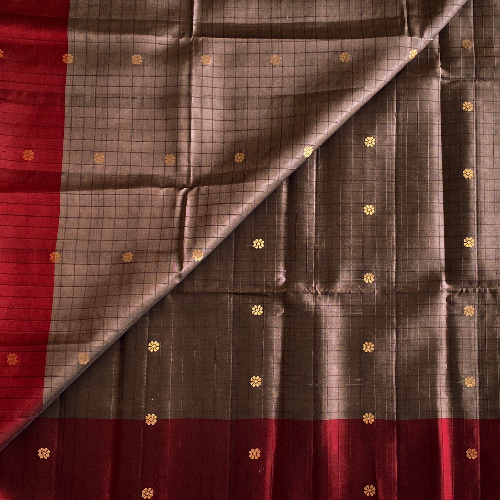Taupe Grey Silk Saree Deep Maroon Pallu Gold Zari Border