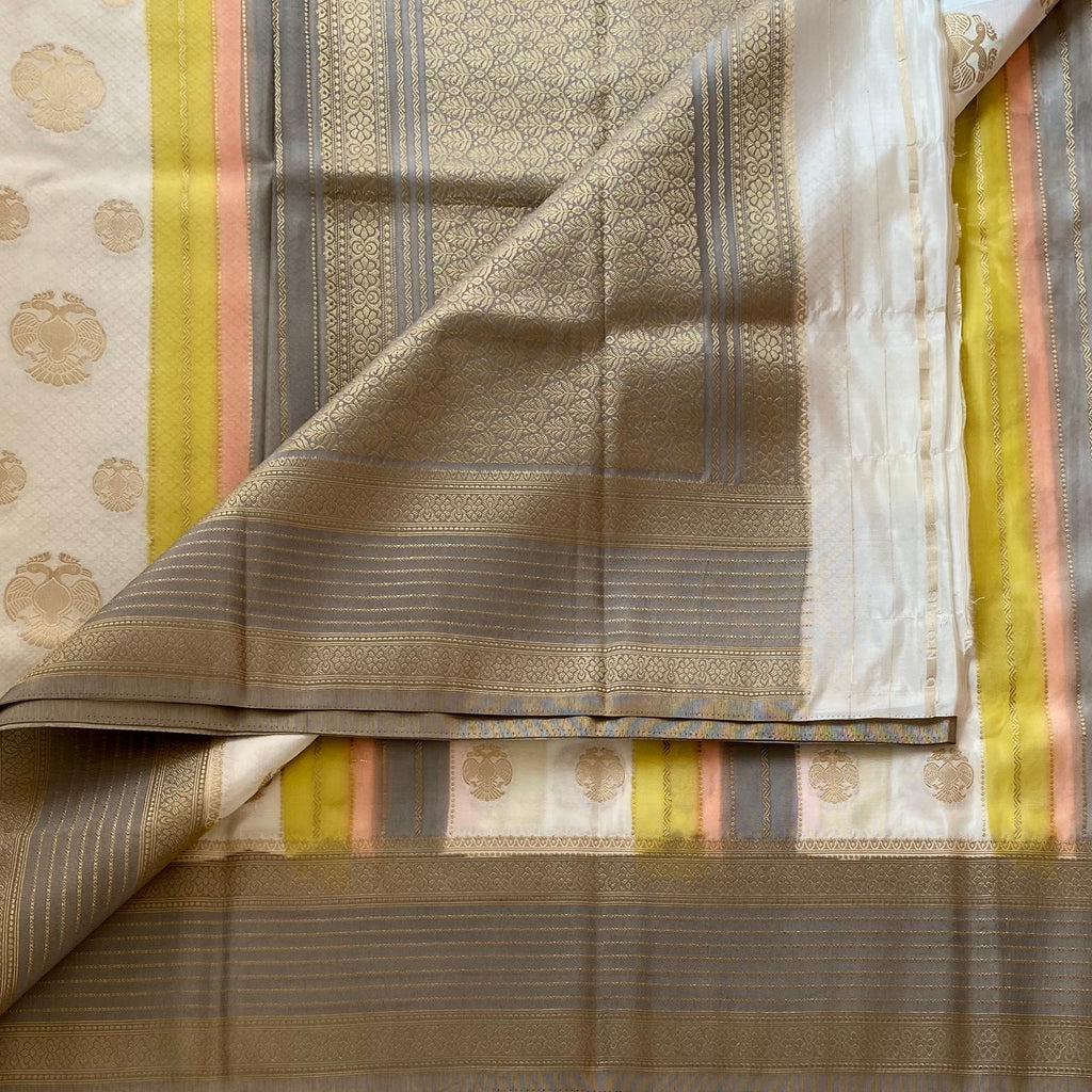 Gandaberunda Designer Soft Crepe Silk With Pearl Beige Lemon Yellow