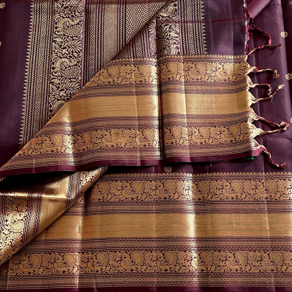 Wine Coffee Designer Pure Silk Saree Metallic Gold Zari Border Butta