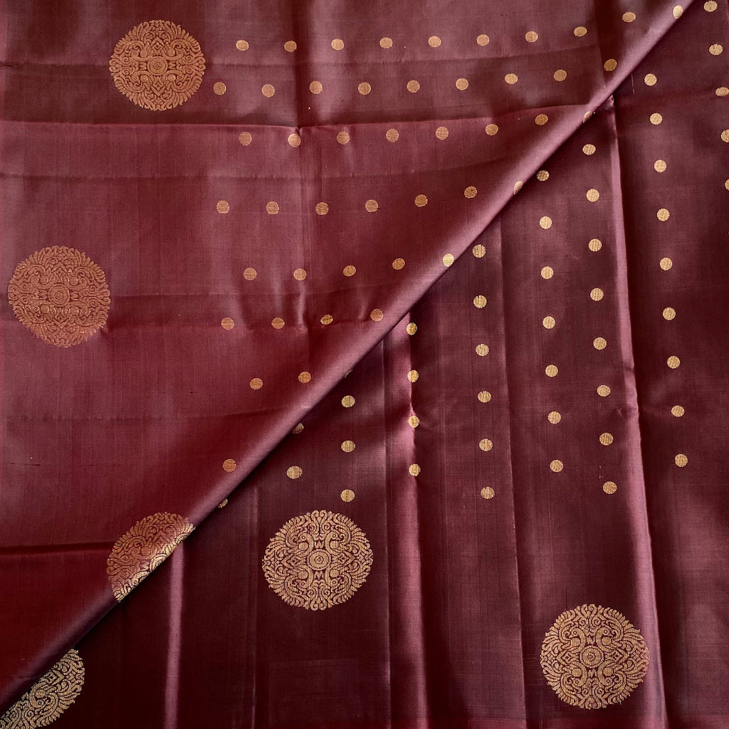 Deep Plum Brown Antique Gold Designer Pure Silk Saree With Floral Pallu