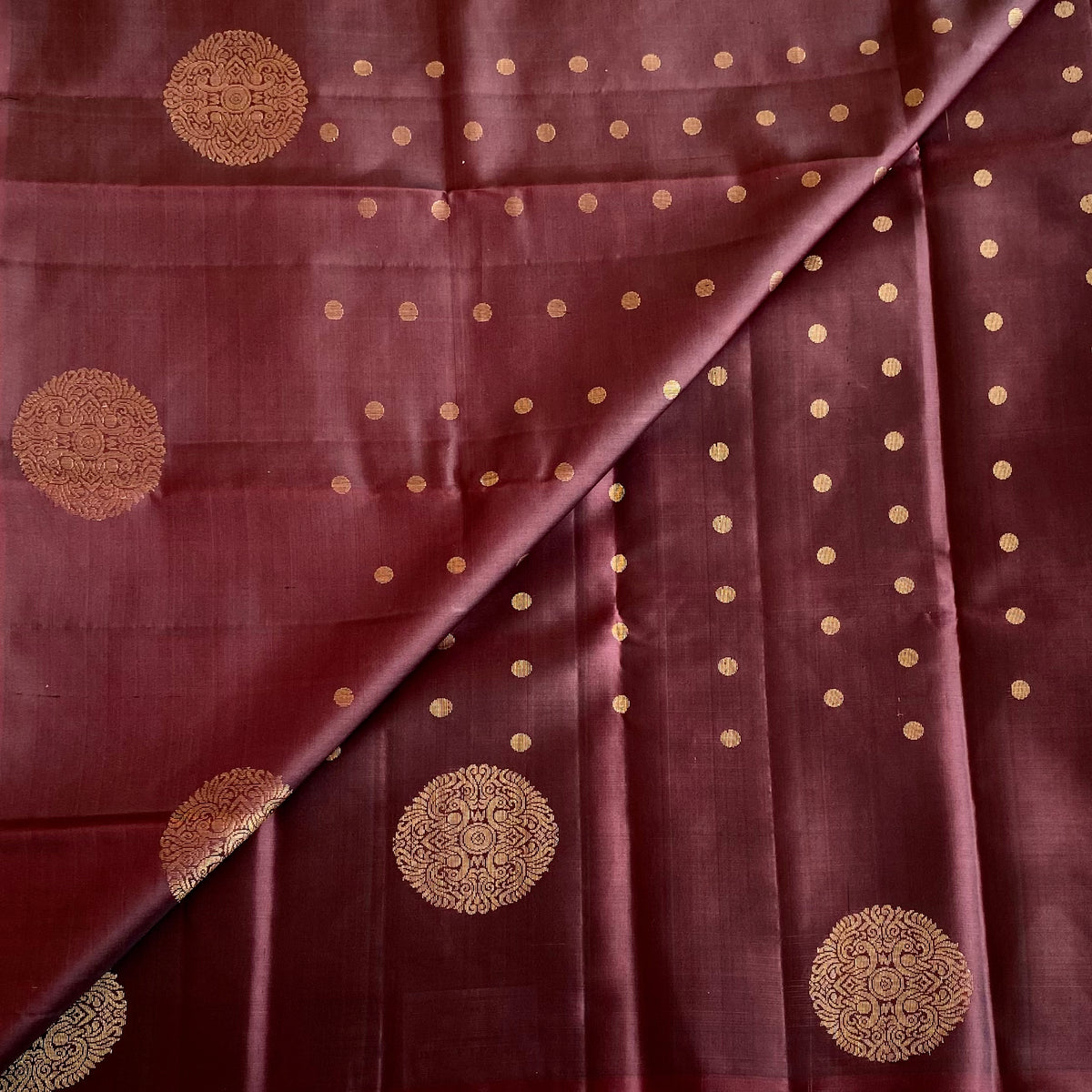 Deep Plum Brown Antique Gold Designer Pure Silk Saree With Floral Pallu