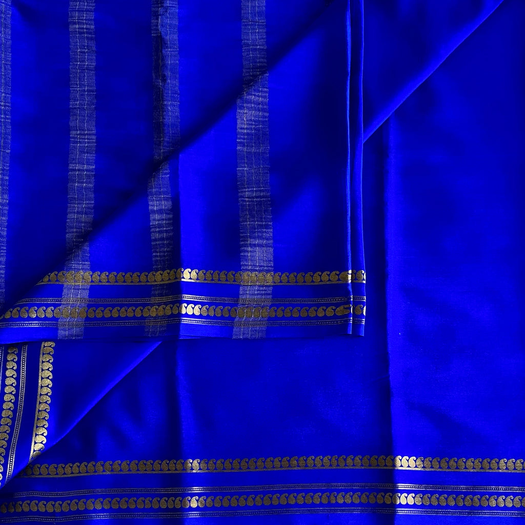 Cobalt Blue Mysore Crepe Silk Saree With Gold Border Motifs