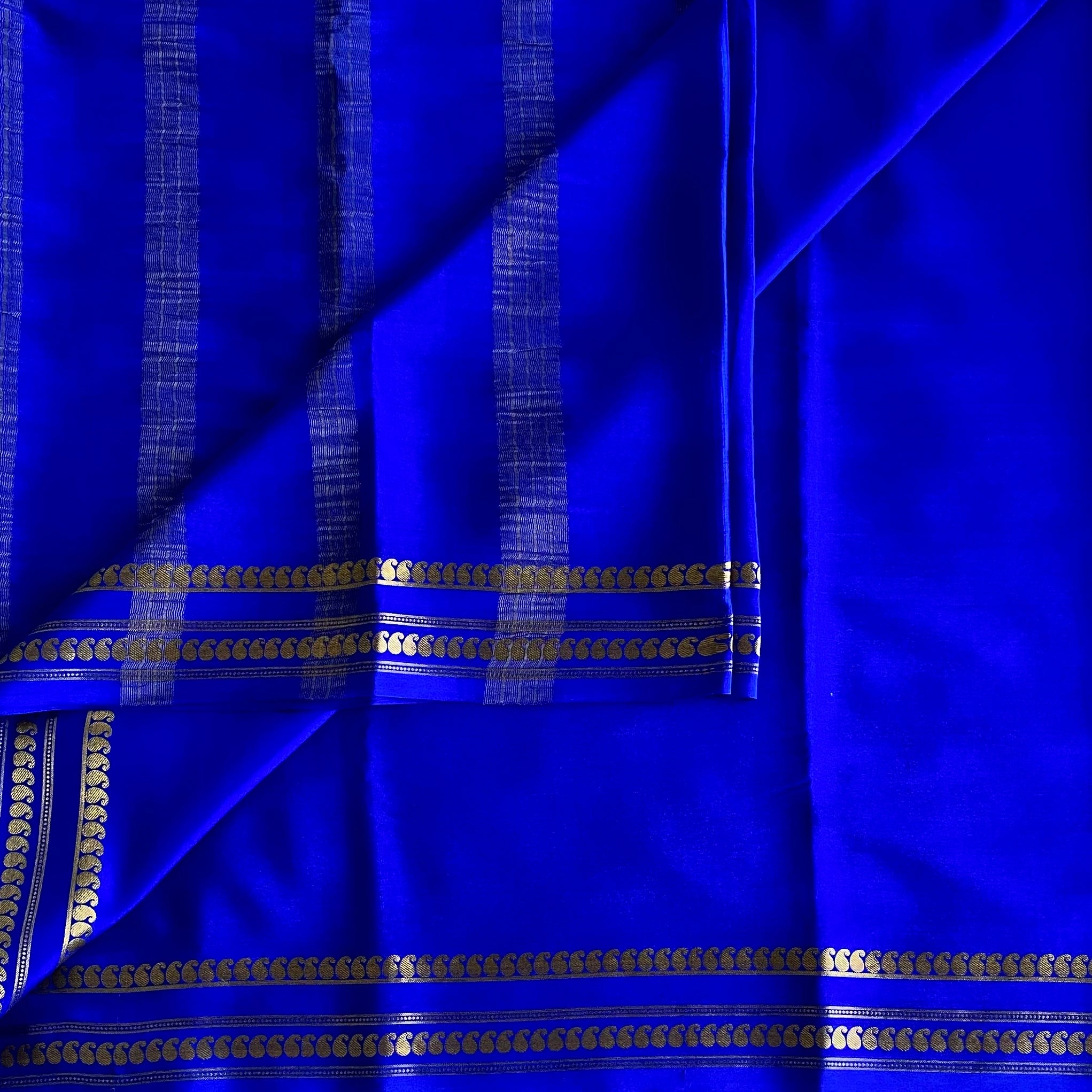 Cobalt Blue Mysore Crepe Silk Saree With Gold Border Motifs