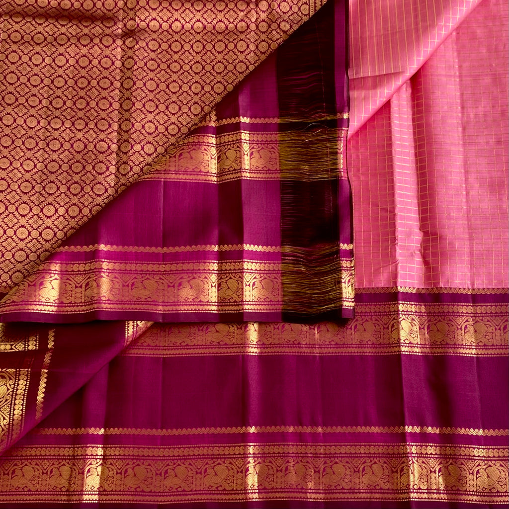 Regal Rare Pink With Wine Kanjeevaram Checkered Pure Zari Silk