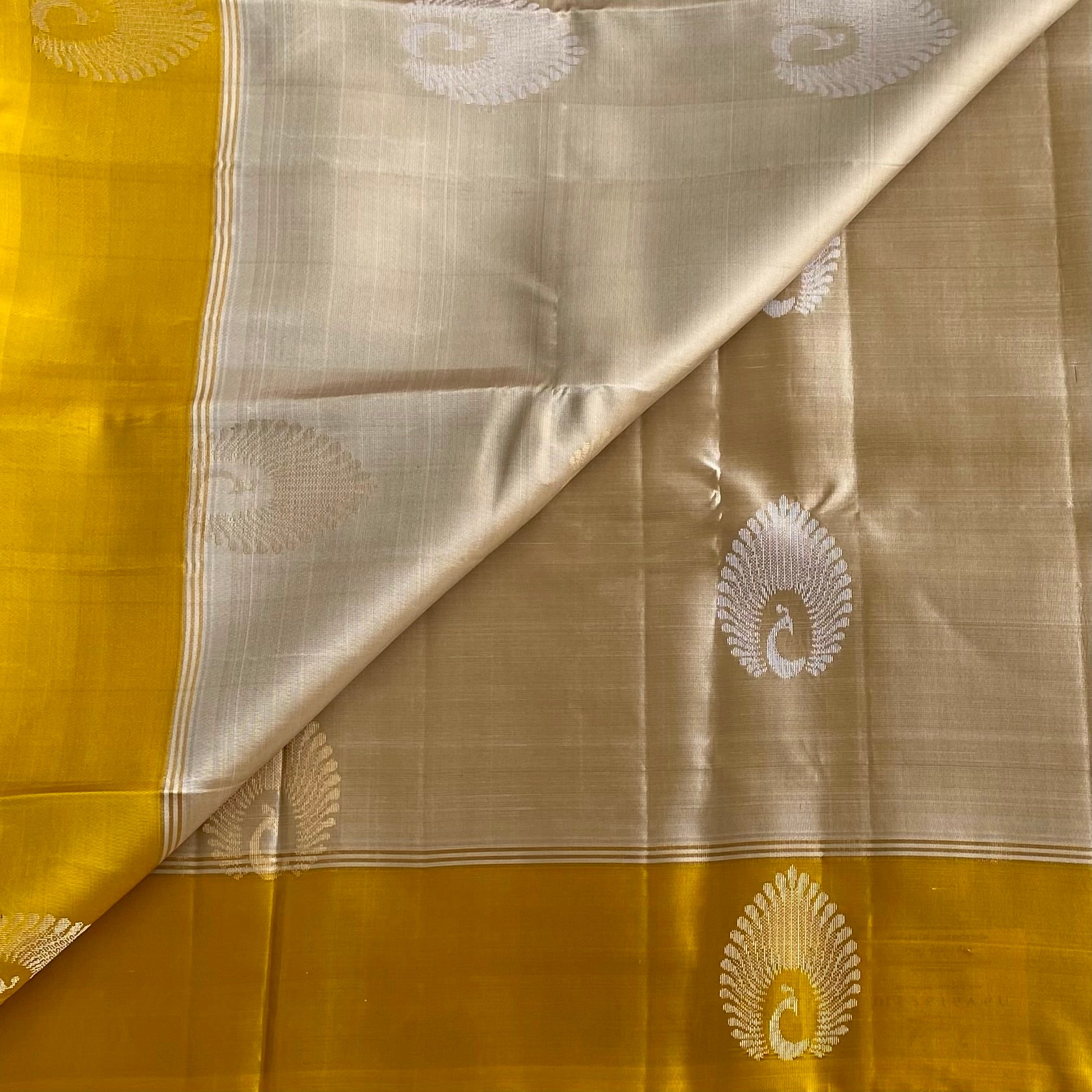 Pearl Beige Designer Pure Silk With Golden Yellow Contrast