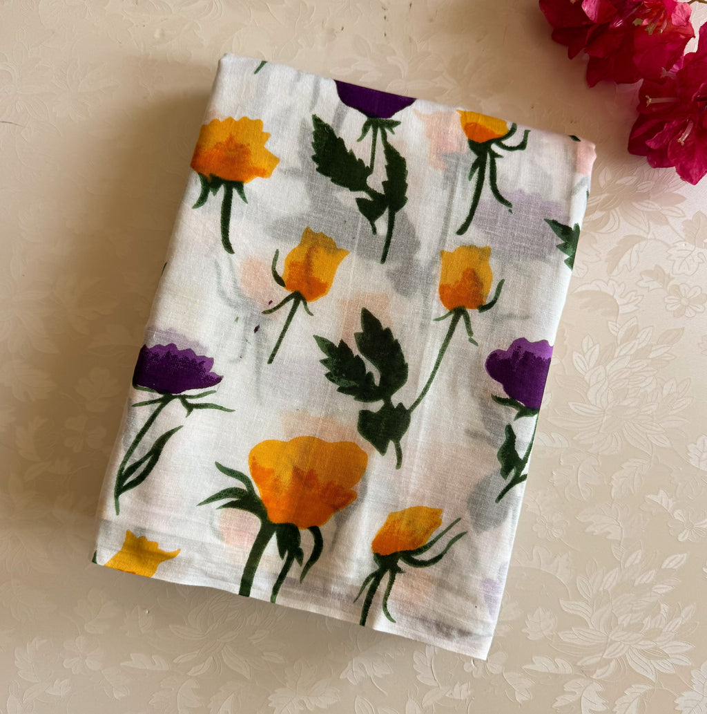 Pale Grey Floral Cotton Saree Mustard Purple Diamond Pallu Lightweight