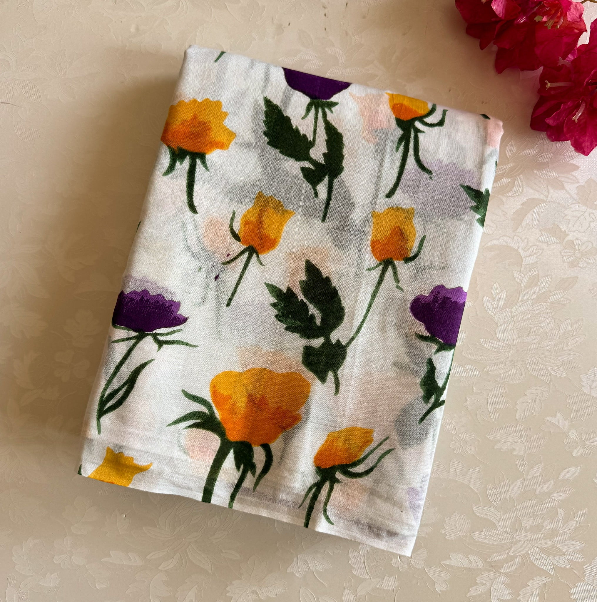 Pale Grey Floral Cotton Saree Mustard Purple Diamond Pallu Lightweight