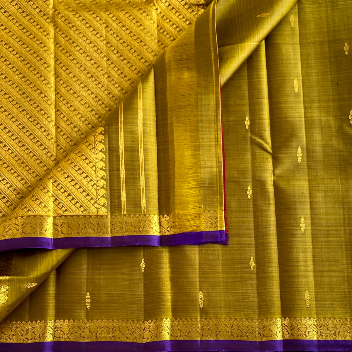 Mustard Gold Kanjeevaram Pure Zari Silk Saree With Royal Purple Border